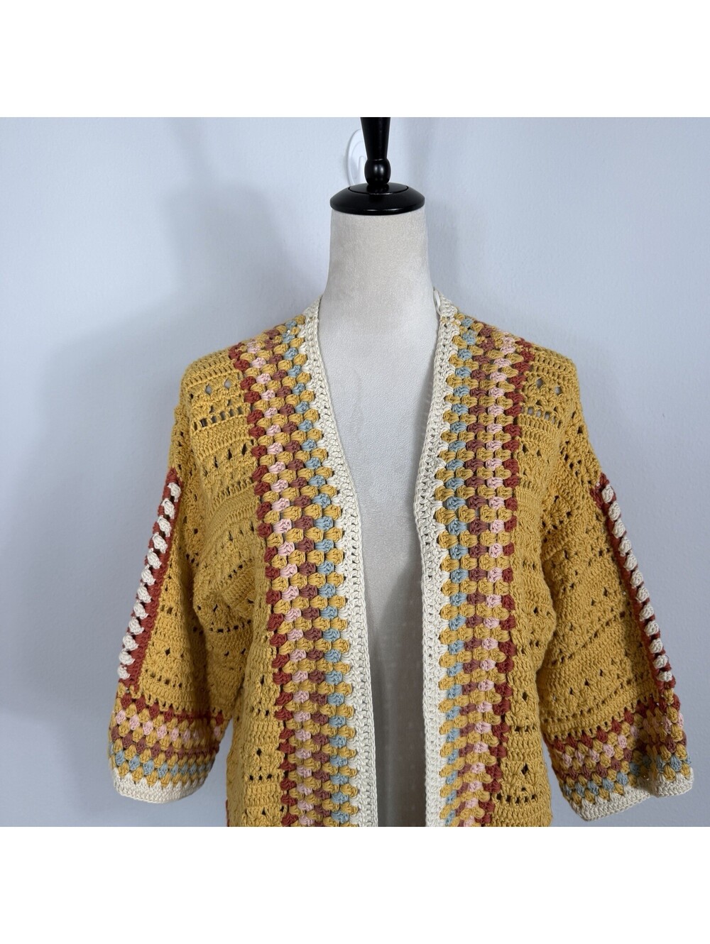 Driftwood Yellow Colorful Crochet Knit Open Cardigan Sweater Boho Festival Large - Picture 3 of 6